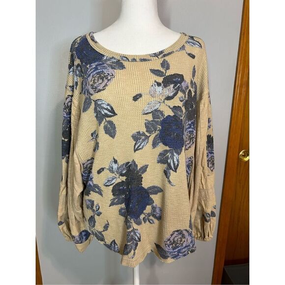 Free People Tops - Free People taupe blue floral ballon sleeve thermal XS BIN P